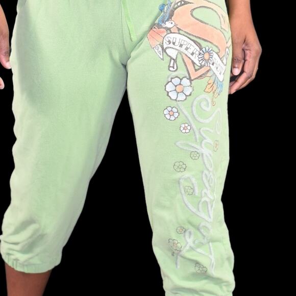 Vintage Supergirl Sweatpants Green Cropped Tattoo Capri Pants Joggers Y2K Small - Picture 6 of 16